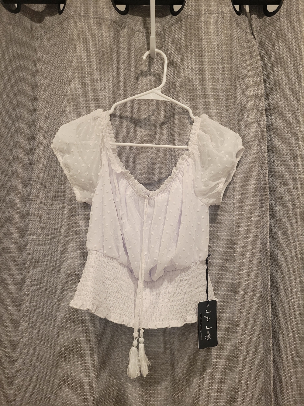 J for Justify White Swiss Dot Tie-Front Peasant Blouse
